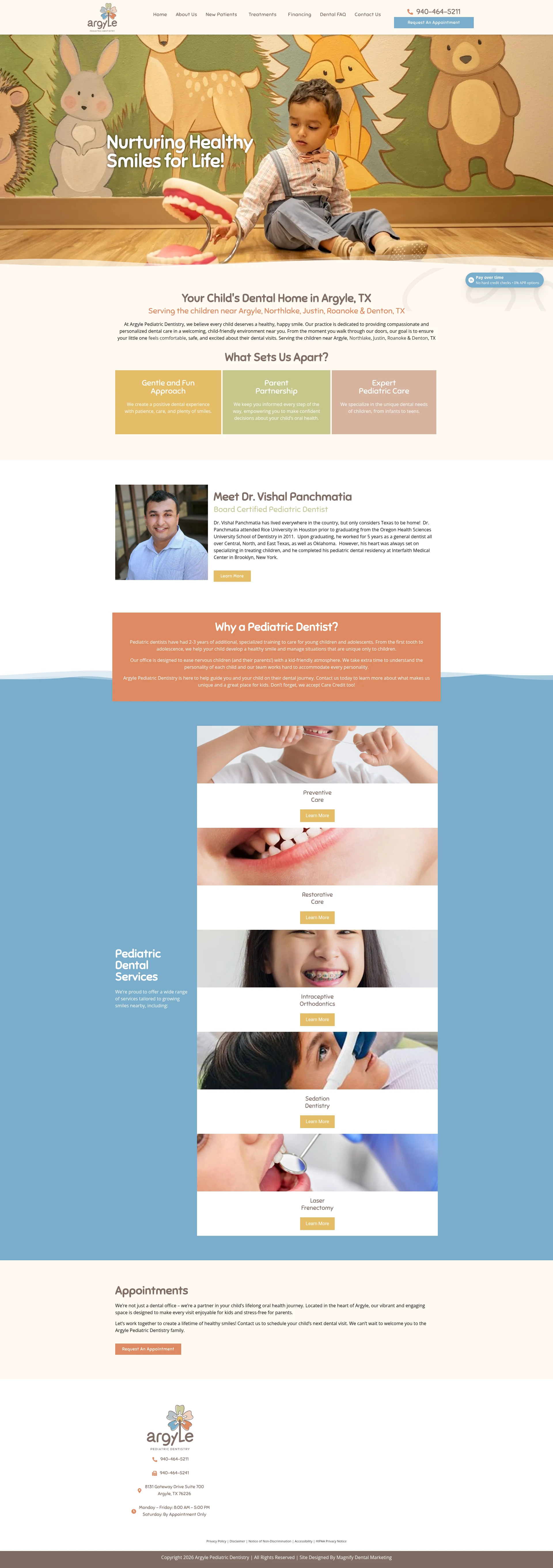 Actual homepage screenshot of Argyle Pediatric Dentistry