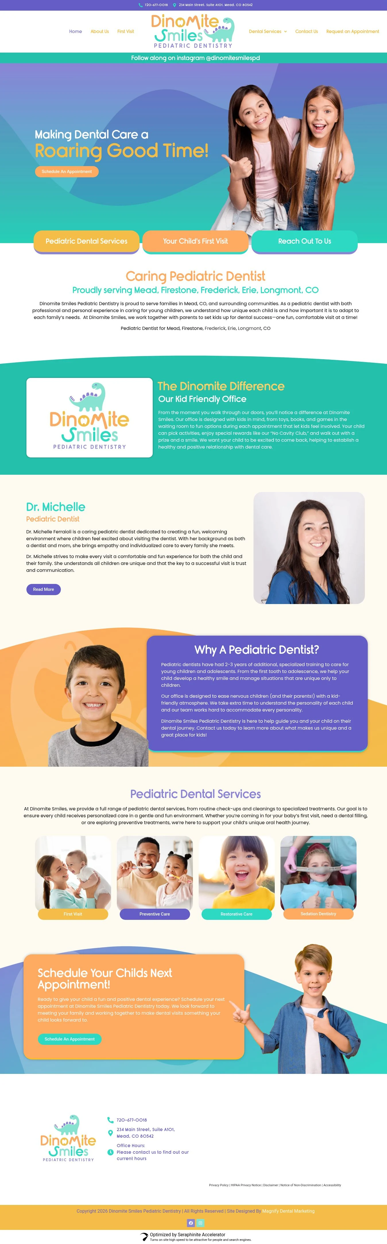 Actual homepage screenshot of Dinomite Smiles Pediatric Dentistry
