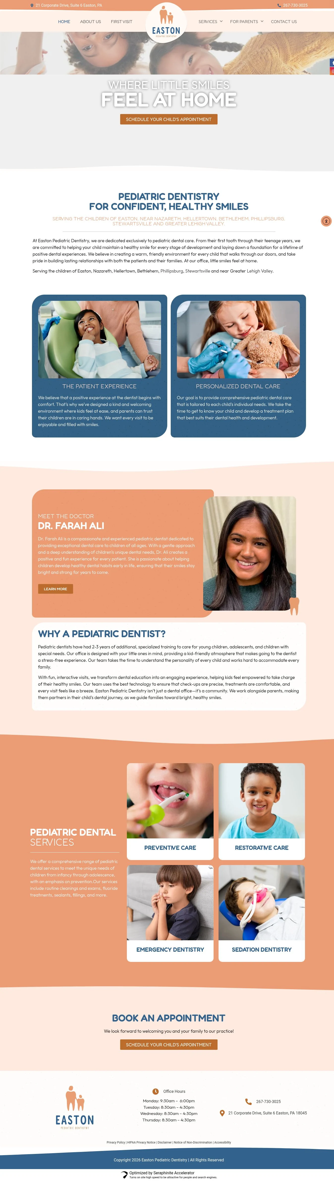 Actual homepage screenshot of Easton Pediatric Dentistry