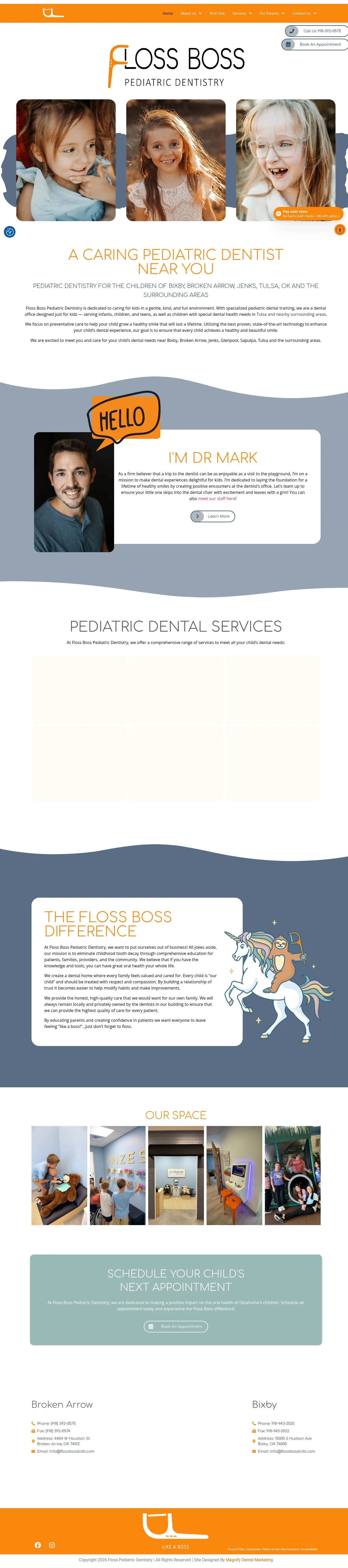 Actual homepage screenshot of Floss Boss Pediatric Dentistry