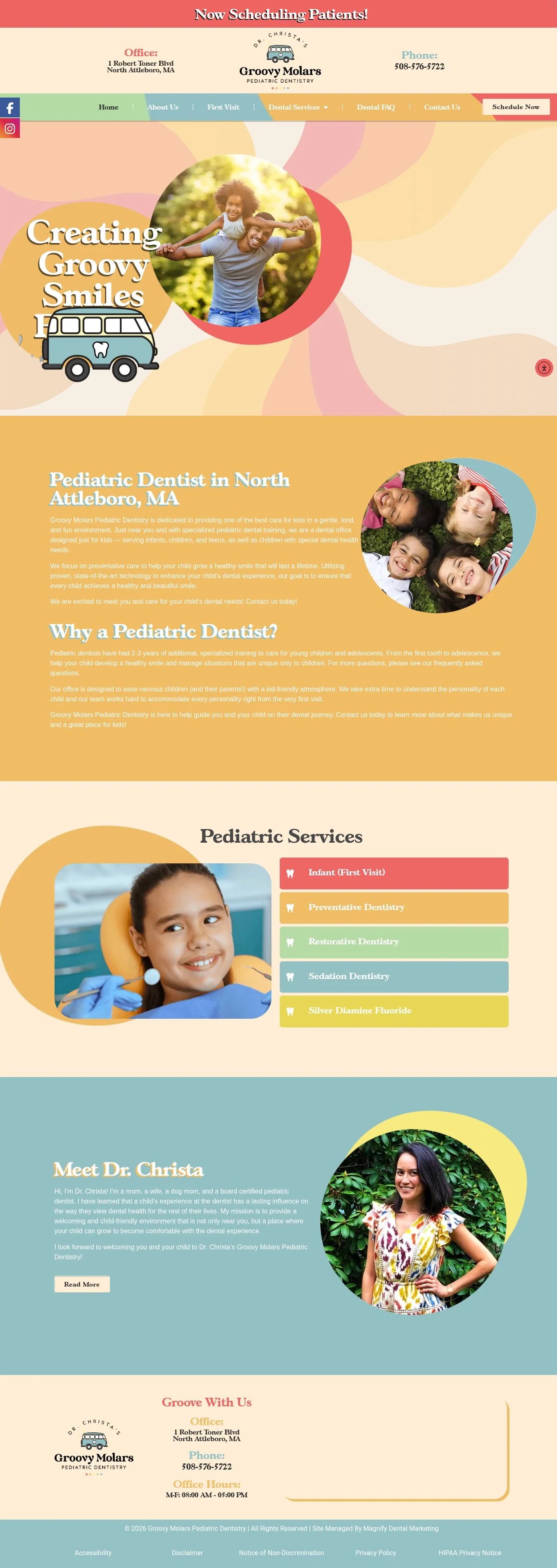 Actual homepage screenshot of Dr. Christa’s Groovy Molars Pediatric Dentistry