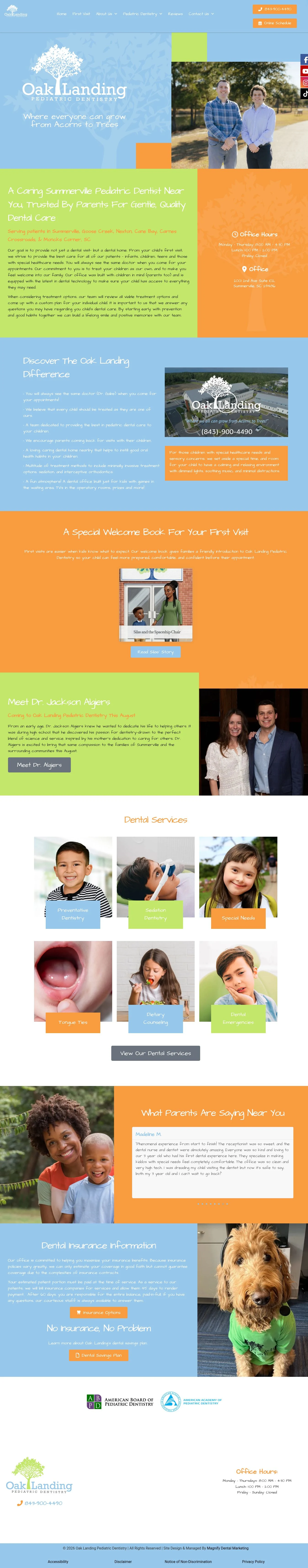 Actual homepage screenshot of Oak Landing Pediatric Dentistry