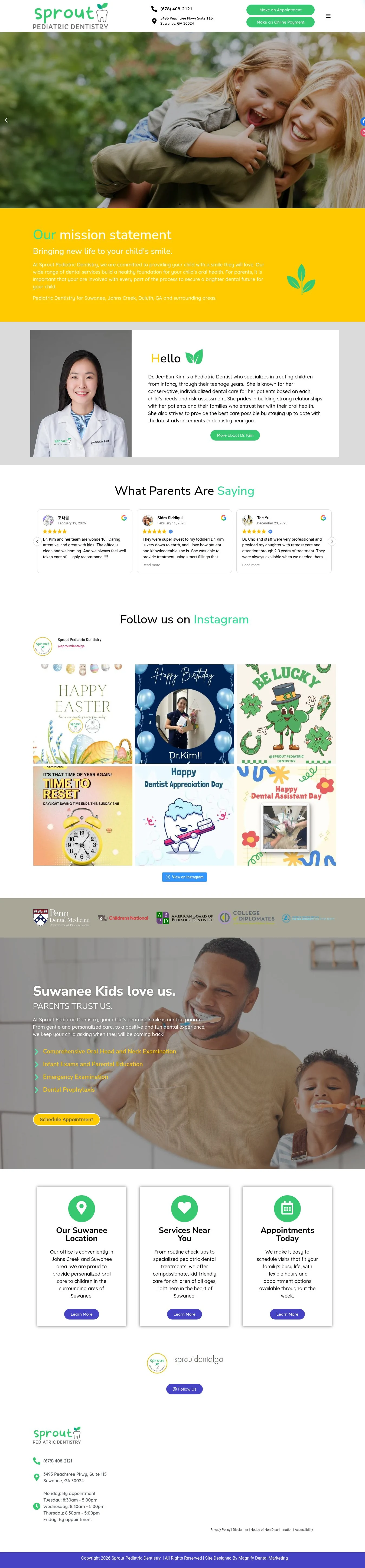 Actual homepage screenshot of Sprout Pediatric Dentistry