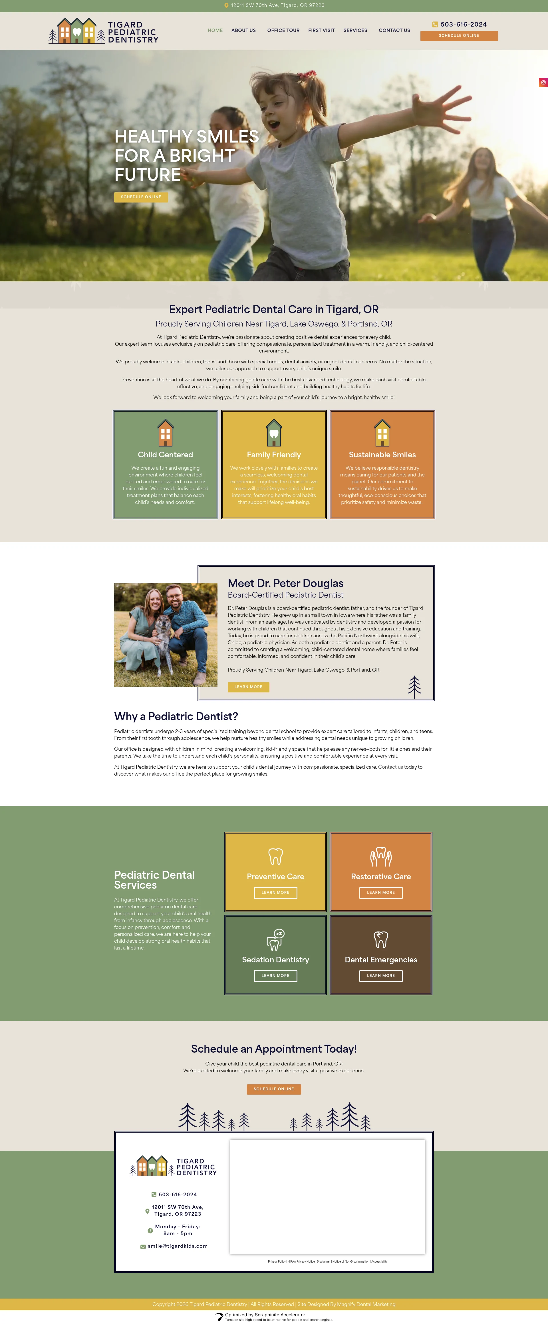 Actual homepage screenshot of Tigard Pediatric Dentistry